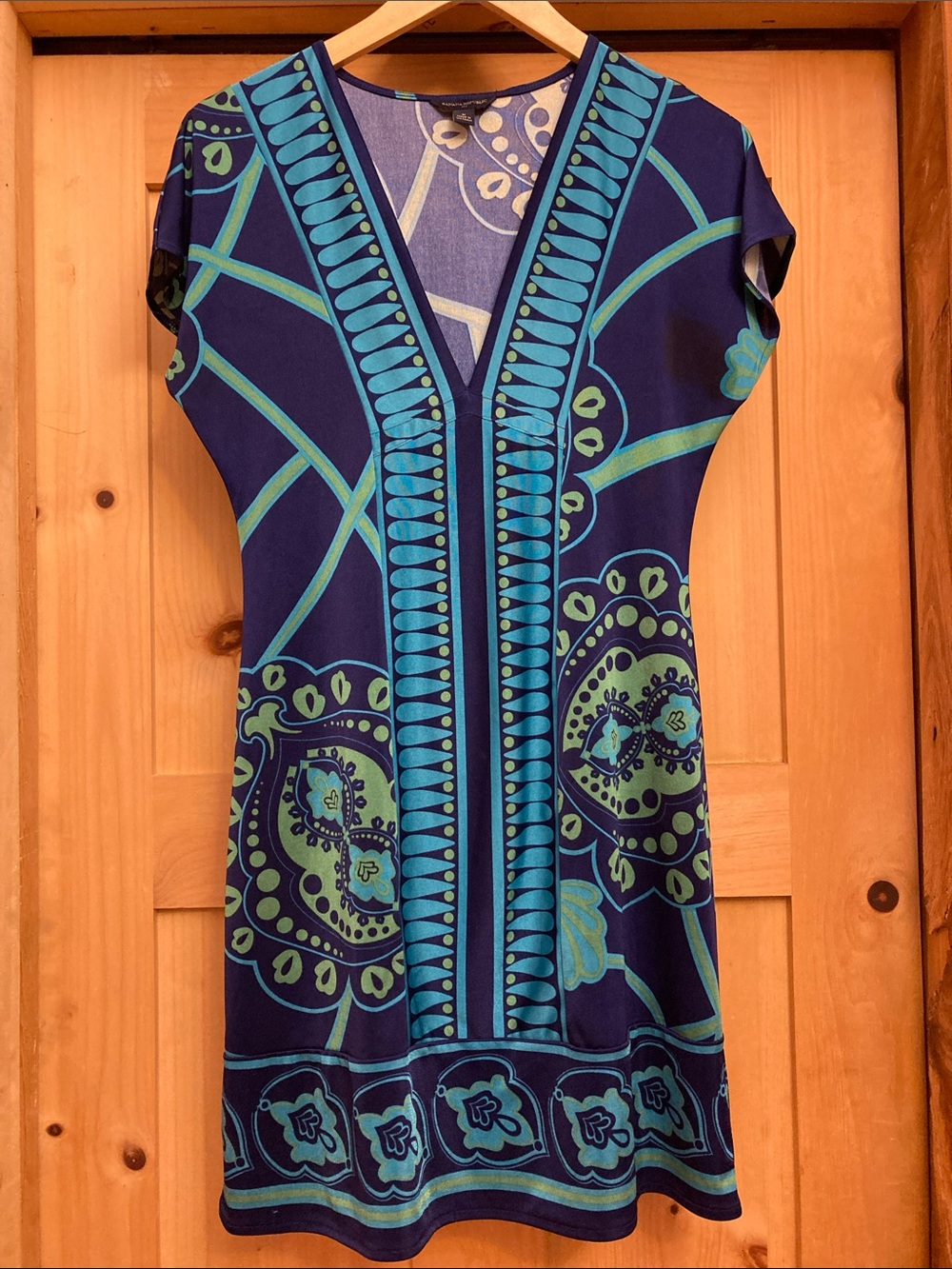 Banana Republic Abstract Print Navy and Teal V-Neck Mini Dress